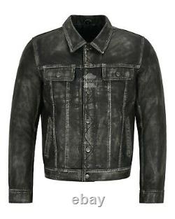Mens Truckers Real Leather Jacket Black Vintage Napa Classic Western Style 1280