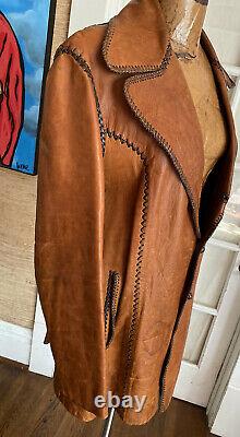 Mens Vintage Long Brown North Beach Leather Jacket Made In Mexico