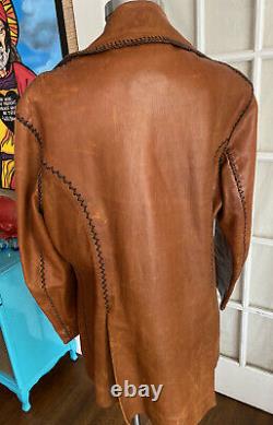 Mens Vintage Long Brown North Beach Leather Jacket Made In Mexico