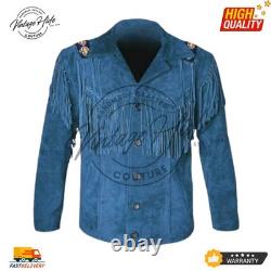 Mens Western Cowboy Suede Fringe Jacket Native American Beaded Leather Coat