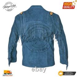 Mens Western Cowboy Suede Fringe Jacket Native American Beaded Leather Coat