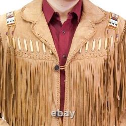 Mens classic Cowboy Western Fringe Casual Wear Leather Jacket Vintage Style