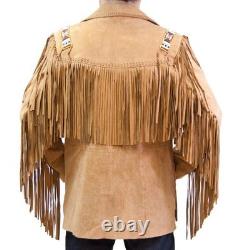 Mens classic Cowboy Western Fringe Casual Wear Leather Jacket Vintage Style