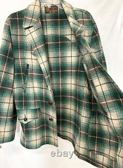 Merrill Woolens Green Shadow Plaid Western Style Button Jacket Vintage Lg wool