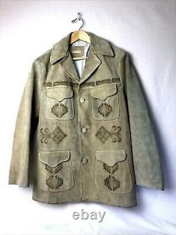 Mexican Ranch Jacket Embellished Suede Leather Mens sz Large Vtg Western Boho
