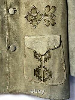 Mexican Ranch Jacket Embellished Suede Leather Mens sz Large Vtg Western Boho
