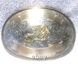 Montana Silversmiths Huge Buckle Team Roping Dual Gold Banners Nickel Great