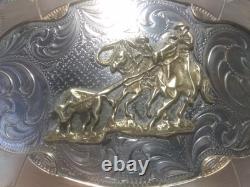 Montana Silversmiths Huge Buckle Team Roping Dual Gold Banners Nickel Great