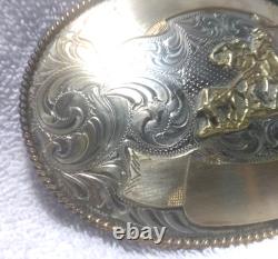 Montana Silversmiths Huge Buckle Team Roping Dual Gold Banners Nickel Great