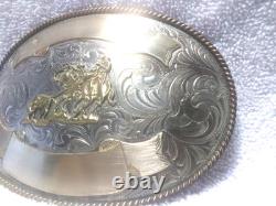 Montana Silversmiths Huge Buckle Team Roping Dual Gold Banners Nickel Great