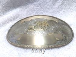 Montana Silversmiths Huge Buckle Team Roping Dual Gold Banners Nickel Great