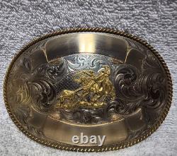 Montana Silversmiths Huge Buckle Team Roping Dual Gold Banners Nickel Silver VTG