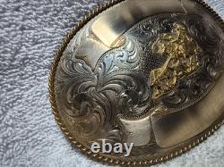 Montana Silversmiths Huge Buckle Team Roping Dual Gold Banners Nickel Silver VTG