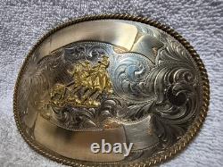 Montana Silversmiths Huge Buckle Team Roping Dual Gold Banners Nickel Silver VTG