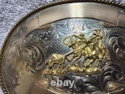 Montana Silversmiths Huge Buckle Team Roping Dual Gold Banners Nickel Silver VTG