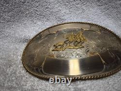 Montana Silversmiths Huge Buckle Team Roping Dual Gold Banners Nickel Silver VTG