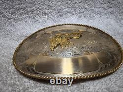 Montana Silversmiths Huge Buckle Team Roping Dual Gold Banners Nickel Silver VTG