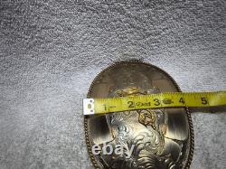 Montana Silversmiths Huge Buckle Team Roping Dual Gold Banners Nickel Silver VTG