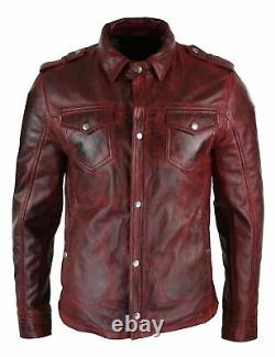 NEW Mens Genuine Lambskin Leather Shirt Full Sleeve Button Biker Burgundy Jacket