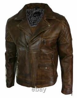 NOORA Mens Vintage Real Leather Biker Jacket Cross Zip Retro Style All Size
