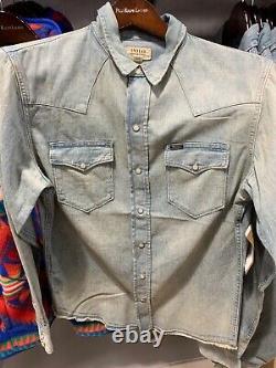 NWT Polo Ralph Lauren Faded FRAYED HEM Denim WESTERN Snap Front Shirt size LARGE