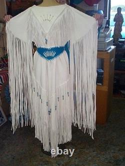 Native American Antique Plains Indian White Buckskin Long Fringe Wedding Dress