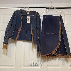 New Suede Essentials Blue Fringe Skirt And Jacket Set Size Large / 10
