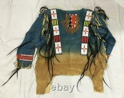 Old Antique Style Beige Buffalo Suede Hide Beaded Fringe Powwow War Shirt
