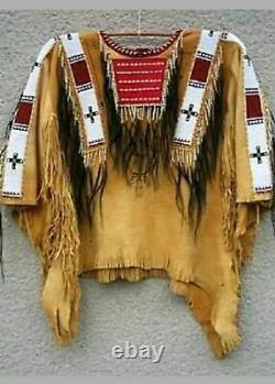 Old Antique Style Tan Buckskin Suede Leather Fringe Beaded Powwow War Shirt N226