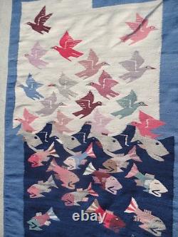 Old Native America Textile Tapestry Style Southwestern Colorful Fish with Birds