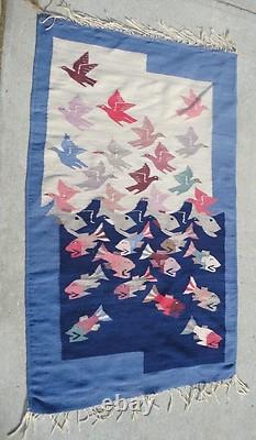 Old Native America Textile Tapestry Style Southwestern Colorful Fish with Birds
