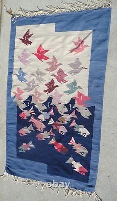 Old Native America Textile Tapestry Style Southwestern Colorful Fish with Birds