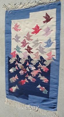 Old Native America Textile Tapestry Style Southwestern Colorful Fish with Birds