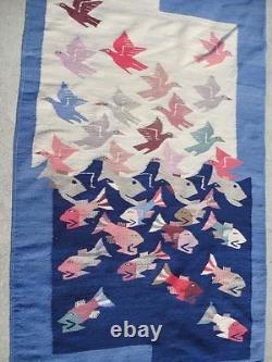 Old Native America Textile Tapestry Style Southwestern Colorful Fish with Birds