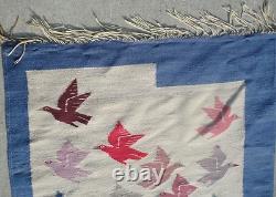 Old Native America Textile Tapestry Style Southwestern Colorful Fish with Birds