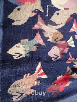 Old Native America Textile Tapestry Style Southwestern Colorful Fish with Birds