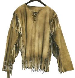 Old western Wear Buckskin Suede Leather Fringes Jacket Native American War Shirt