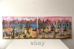 PAIR Large Vintage Desert Cactus Landscape Mixed Media Paintings 36x24