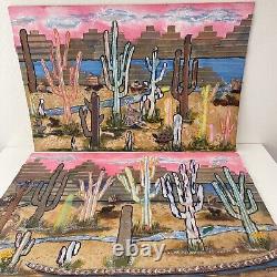 PAIR Large Vintage Desert Cactus Landscape Mixed Media Paintings 36x24