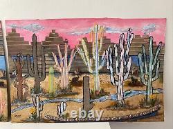 PAIR Large Vintage Desert Cactus Landscape Mixed Media Paintings 36x24