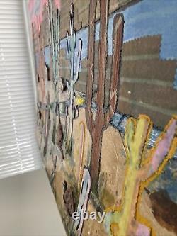 PAIR Large Vintage Desert Cactus Landscape Mixed Media Paintings 36x24