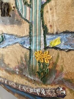 PAIR Large Vintage Desert Cactus Landscape Mixed Media Paintings 36x24