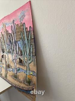 PAIR Large Vintage Desert Cactus Landscape Mixed Media Paintings 36x24