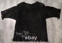 Patricia Wolf Black Western Suede Shirt withFringe Hand Painted Horses Size L