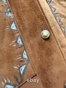 Patricia Wolf Brown Suede Western Jacket Horse Teepee Design Size L