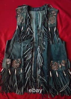 Patricia Wolf Hand Painted Suede Vest Large Fringe Beads Native Western Texas