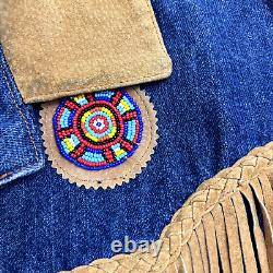 Phoenix USA Frontier Denim Jacket Western Large Leather Fringe Beaded Ranch