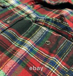 Polo Ralph Lauren Western Patch Suede Elbow Snap Plaid Flannel Shirt L Mens Vtg
