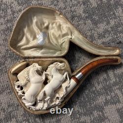 RARE Large Antique WDC Meerschaum Pipe with2 Hand Carved Horses & Original Case