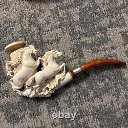 RARE Large Antique WDC Meerschaum Pipe with2 Hand Carved Horses & Original Case